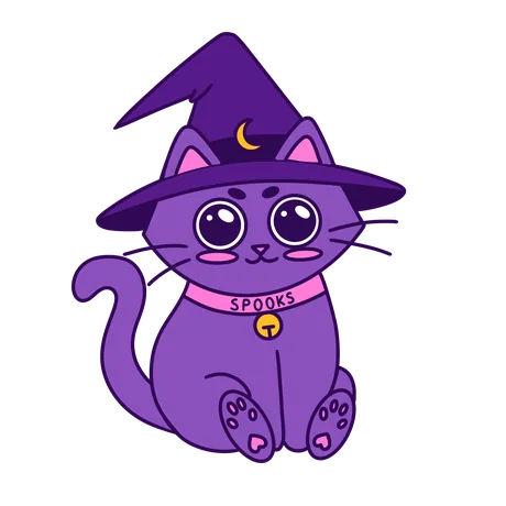 Spooks, a small purple cat in a pointy witch hat, sitting and looking at you